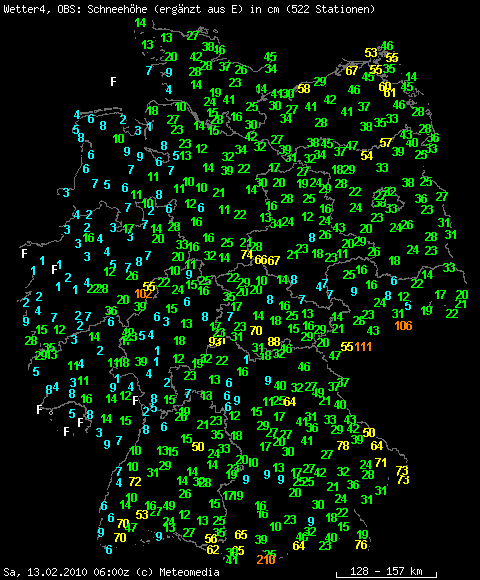 Schneehöhen am 13.02.2010 um 7 Uhr