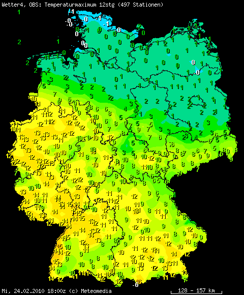 Auswahl Höchsttemperaturen am 24.02.2010