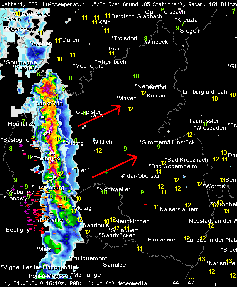 Niederschlagsradarbild mit der Gewitterlinie vom 24.02.2010 um 17:10 Uhr MEZ