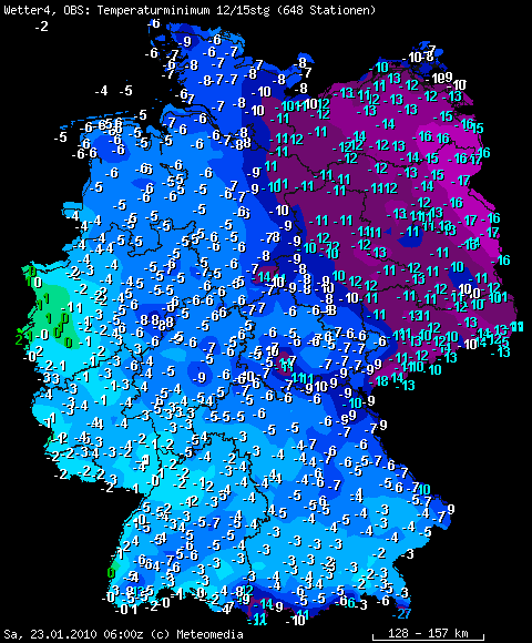 Auswahl Tiefsttemperaturen vom 23.01.2010