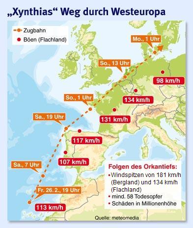 Zugbahn des Orkantiefs XYNTHIA